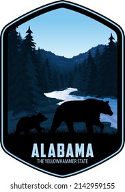 	
Etiqueta vectorial de Alabama con familia de osos negros y reserva nacional del Cañón del Pequeño Río