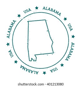 Alabama vector map. Retro vintage insignia with US state map. Distressed visa stamp with Alabama text wrapped around a circle and stars. USA state map vector illustration.