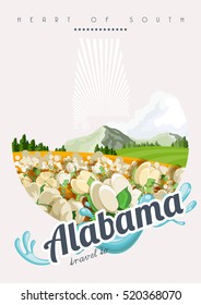 Alabama vector poster. American travel banner. Illustration about United States of America. Background with USA theme