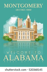 Alabama vector poster. American travel banner. Illustration about United States of America. Background with USA theme