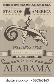 Alabama vector poster. American travel banner. Illustration about United States of America. Background with USA theme