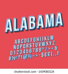 Alabama vintage 3d vector lettering. Retro bold font, typeface. Pop art stylized text. Old school style letters, numbers, symbols, elements pack. 90s, 80s poster, banner. Imperial color background