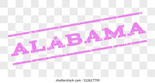 Alabama watermark stamp. Text caption between parallel lines with grunge design style. Rubber seal stamp with dust texture. Vector violet color ink imprint on a chess transparent background.