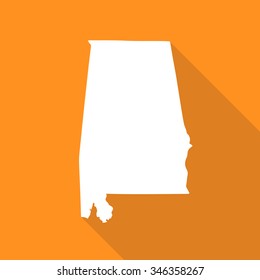 Alabama white map,border flat simple style with long shadow on orange background