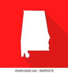Alabama white map,border flat simple style with long shadow on red background