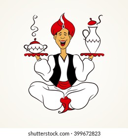 Aladdin with dishes. Logo for food service, restaurant, cafe. Vector illustration 