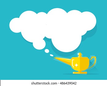 Aladdin gin lamp with Jean cloud vector illustration isolated on colorful background, old golden Genie magic lamp with wish smoke flat cartoon style