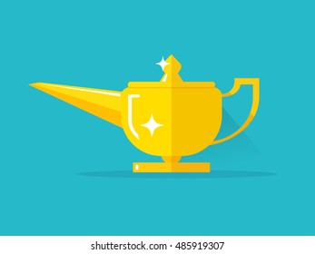 Aladdin gin lamp with Jean vector illustration isolated, flat cartoon Genie magic lamp on blue background