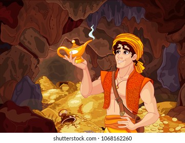 Aladdin holds his magic lamp into a magic treasury cave