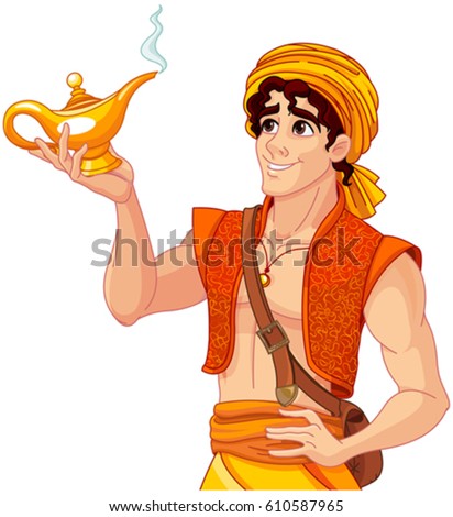 Aladdin holds his magic lamp