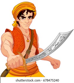 Aladdin holds his magic saber