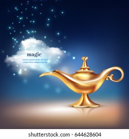 Концептуальная композиция облака лампы Аладдина из реалистичного золотого сосуда и магических частиц с редактируемой текстовой векторной иллюстрацией