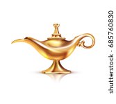 Aladdin lamp isolated composition with cumbersome image of magic golden vessel in classic oriental style vector illustration
