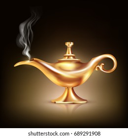 Aladdin lamp smoke composition with realistic cumbersome image of golden vessel with light reflections and smoke cloud vector illustration