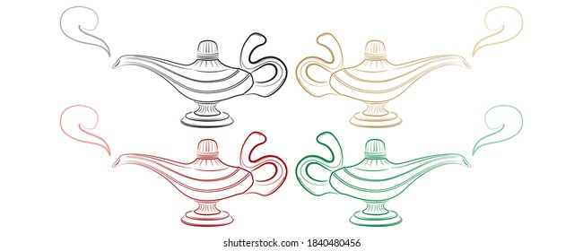 Aladdin Lamp Vector Outline Illustration. Fairy-Tale Oil Lamp Isolated On White Background. Magic Lamp. Nursing Lamp