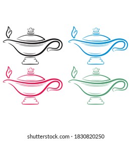 Aladdin Lamp Vector Outline Silhouette. Fairy-Tale Oil Lamp. Magic Lamp. Nursing Lamp