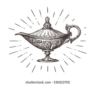 Aladdin Magic Or Genie Lamp. Vintage Sketch Vector Illustration