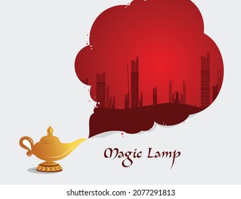 Aladdin Magic Lampe konzeptionelle Konstruktion Skyline Zusammensetzung realistischer goldener Gefäße und magische Partikel Materialien mit bearbeitbarer Text Vektorgrafik
