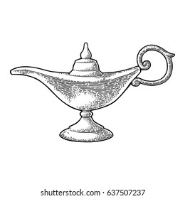 Aladdin magic metal lamp. Vector black vintage engraving illustration isolated on a white background.