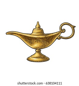 Aladdin magic metal lamp. Vector color vintage engraving illustration isolated on a white background.
