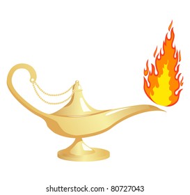 Aladdin`s Lamp With Fire. Vector Illustration, Isolated On A White.