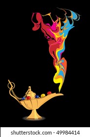 Aladdin's magic lamp with abstract colorful genie figure