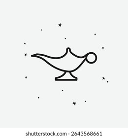 Aladdin's Magic Lamp with Scattered Stars on Light Background, Representing Wishes or Fantasy, White Outline Icon