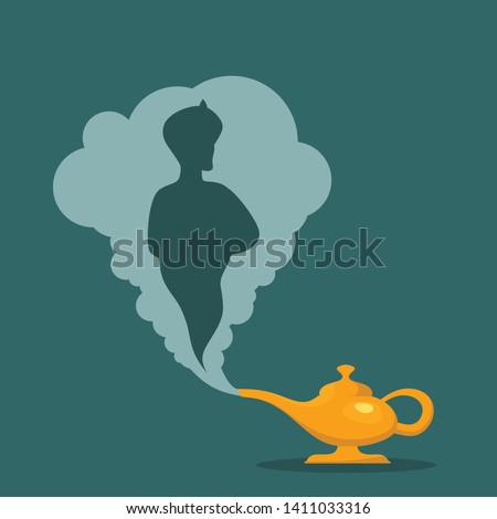 Aladdin's Magic Lamp. Vector genie magic aladdin lamp with white smoke as a copy-space. Alladin golden lantern on blue background. - Vector illustration
