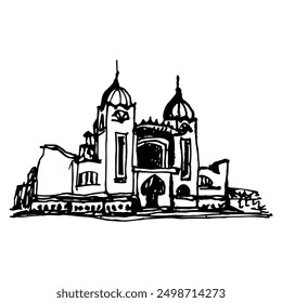 Alafuzov Pavillon von der internationalen Ausstellung von 1901-1910 in Kasan, Russland. Russischer Jugendstil. Architektonische Illustration. Handgezeichnete lineare Doodle grobe Skizze. Schwarz-weiße Silhouette.