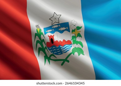Bandeira de Alagoas balançando ao vento, textura de seda detalhada e realista. Estado do Brasil