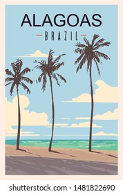 Afiche retro de Alagoas. Ilustración de viaje de la playa de palma de Alagoas. Tarjeta de felicitación de los estados de Brasil. 