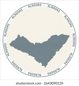 Projeto do logotipo redondo de Alagoas. Forma de estado de anéis. Texto alagoano em torno do estado. Ilustração de vetor.