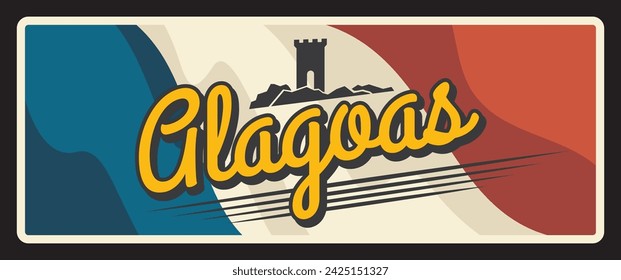 Alagoas state Brazil province retro travel plate. Maceio capital signboard, brasil estados community land metal plaque with city tagline, flag and landmark.