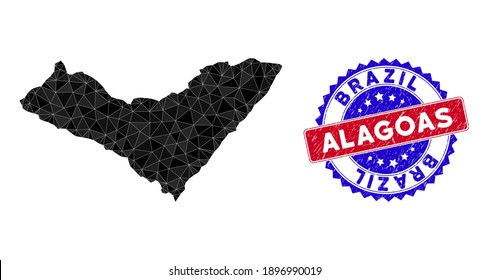 Alagoas State map polygonal mesh with filled triangles, and scratched bicolor stamp print. Triangle mosaic Alagoas State map with triangular vector model, triangles have randomized sizes,