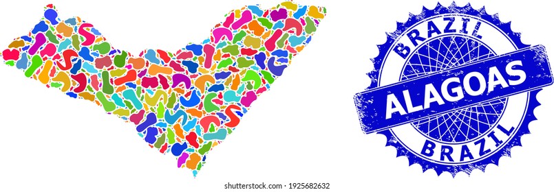 Alagoas State map vector image. Spot collage map and unclean mark for Alagoas State. Sharp rosette blue mark with text for Alagoas State map.