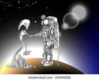  Alain hold hand with Astronaut and Business contact on The star and outer space