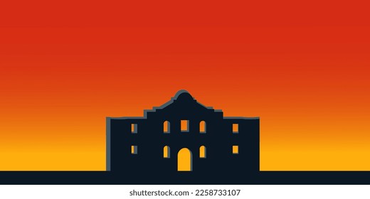 Alamo day, March 6th, San Antonio, The Alamo Building for sale.  Social media post, greeting card, poster, background, banner, web. Vector Illustration. with twilight, sunset.