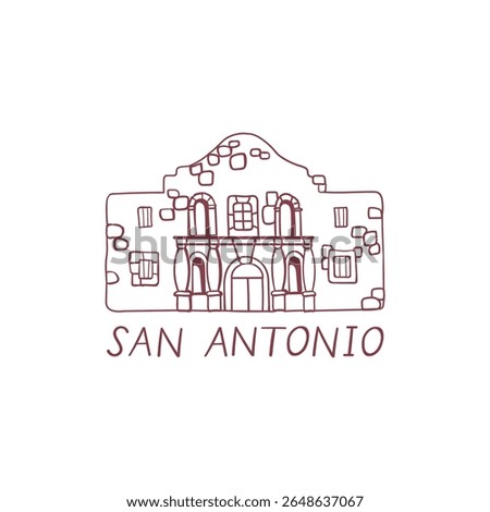 Alamo Mission. San Antonia symbol. Historic building. Line art