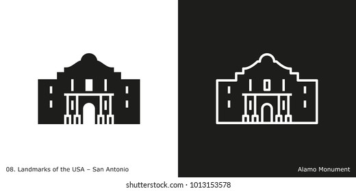 Alamo Monument Icon - San Antonio. Famous American Landmark Icon In Line And Glyph Style. 