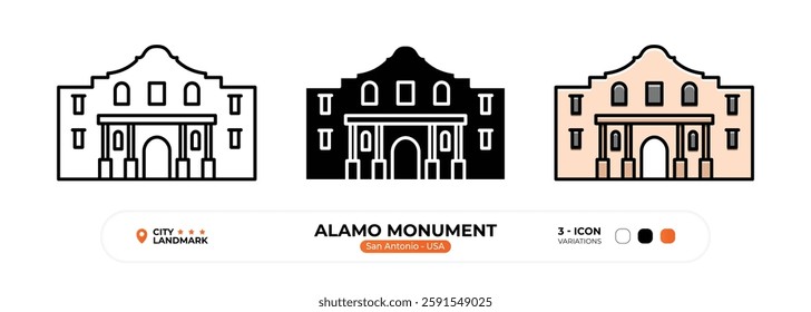 Alamo Monument Line Icon. San Antonio USA, Silhouette, Color Symbol, Editable Stroke.
