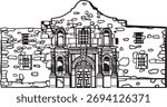 The Alamo Texas Hand drawn vector illustration. Black and white graphics on a white background