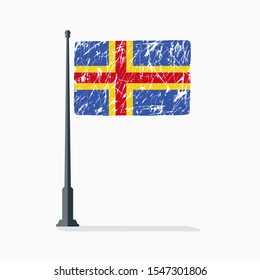 Aland flag with scratches, vector flag of Aland on flagpole with shadow.