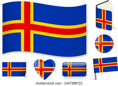 Aland flag in wave, book, circle, pin, button, heart and sticker shapes.