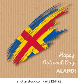 Aland Independence Day Patriotic Design. Expressive Brush Stroke in National Flag Colors on kraft paper background. Happy Independence Day Aland Vector Greeting Card.