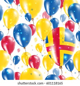 Aland Independence Day Seamless Pattern. Flying Rubber Balloons in Colors of the Swedish Flag. Happy Aland Day Patriotic Card with Balloons, Stars and Sparkles.