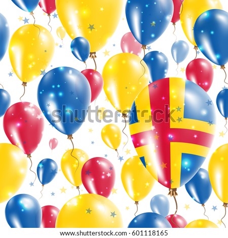 Aland Independence Day Seamless Pattern. Flying Rubber Balloons in Colors of the Swedish Flag. Happy Aland Day Patriotic Card with Balloons, Stars and Sparkles.