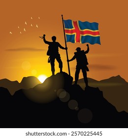 Aland Islands flag, silhouette of two climbers holding flags at sunset