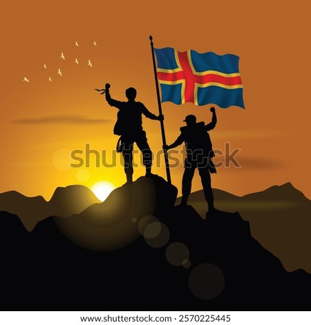 Aland Islands flag, silhouette of two climbers holding flags at sunset