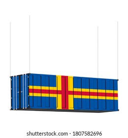 Aland Islands flag symbol on cargo containers hang by chain, the concept import and export business of country.