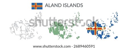 Aland Islands geographical borders isolated on white background. Flag of Aland Islands. Vector flat cliparts.